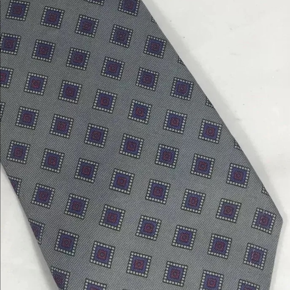 Liberty Of London Gray Red Blue Geometric Print All Silk USA Made Men Neck Tie